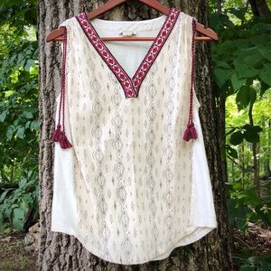LUCKY BRAND boho embroidered collar tank
